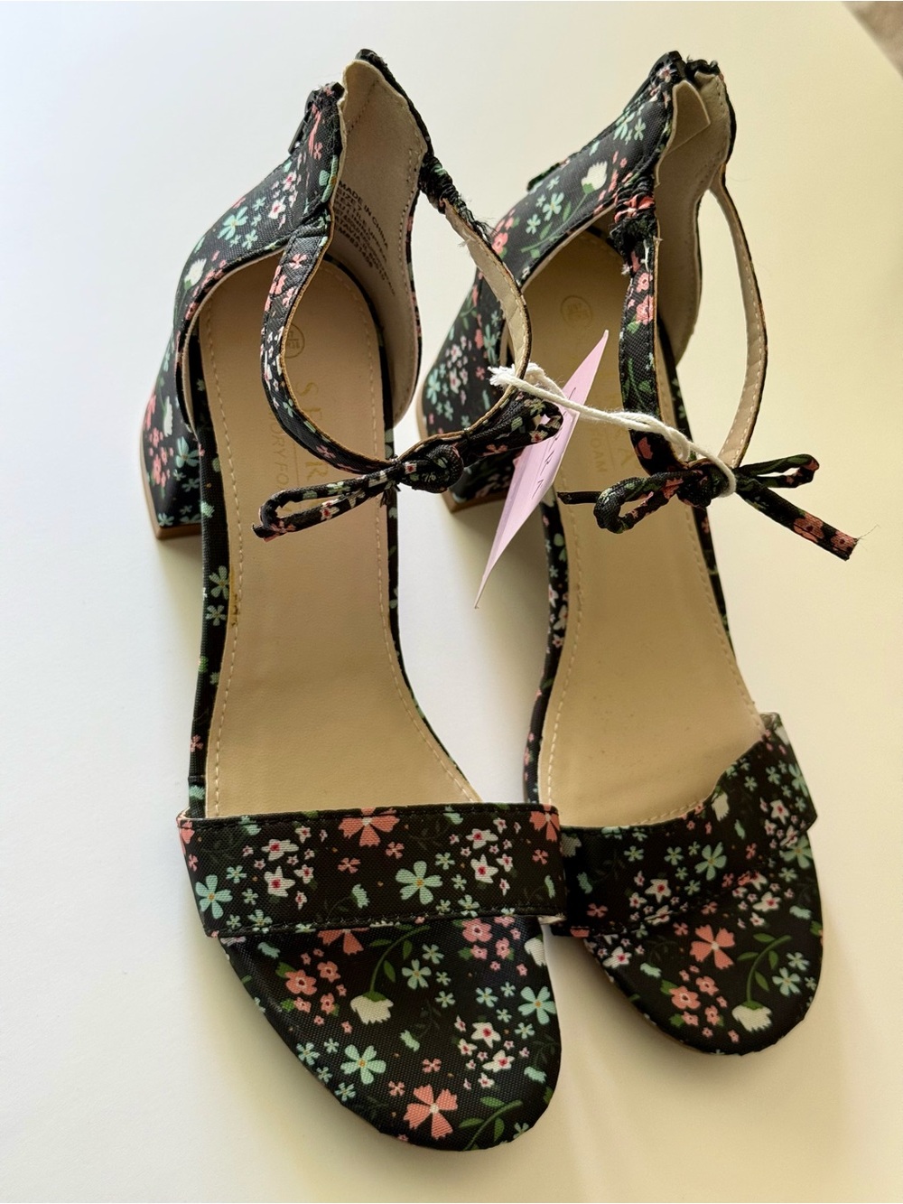 Serra Black Floral Ankle-Tie Block Heel Sandals